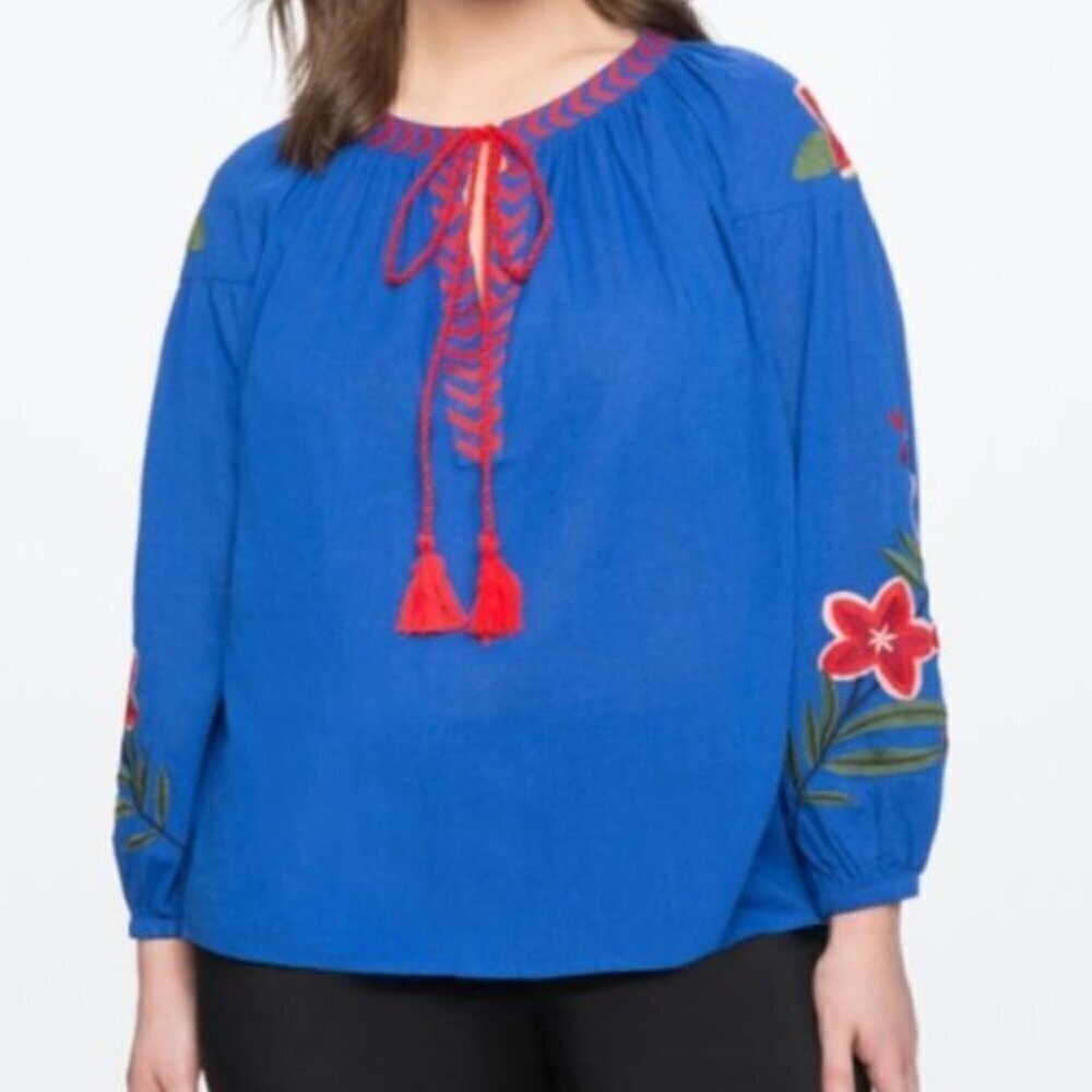 Eloquii Rose Embroidered Tassle Peasant Sleeve Top 14 4456